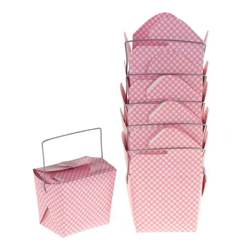 pink checkered takeout boxes w wire handle 2 5 6 pack