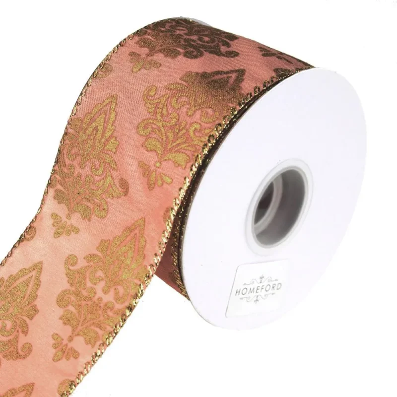 pink gold victorian scroll wired ribbon 10 yards 2 5 inch