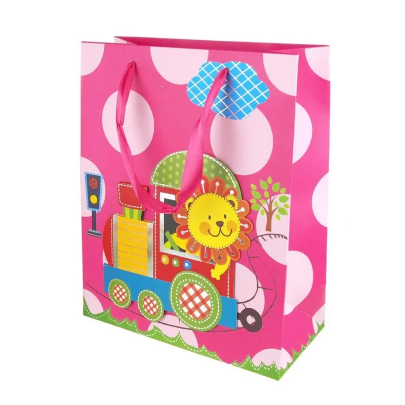 pink lion train baby shower paper gift bags 10 inch dotted circle design