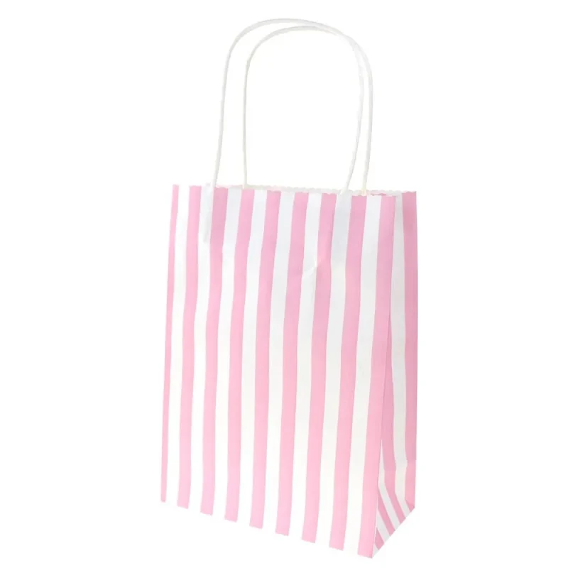 pink striped kraft paper bags with handles 9 inch 10 pack