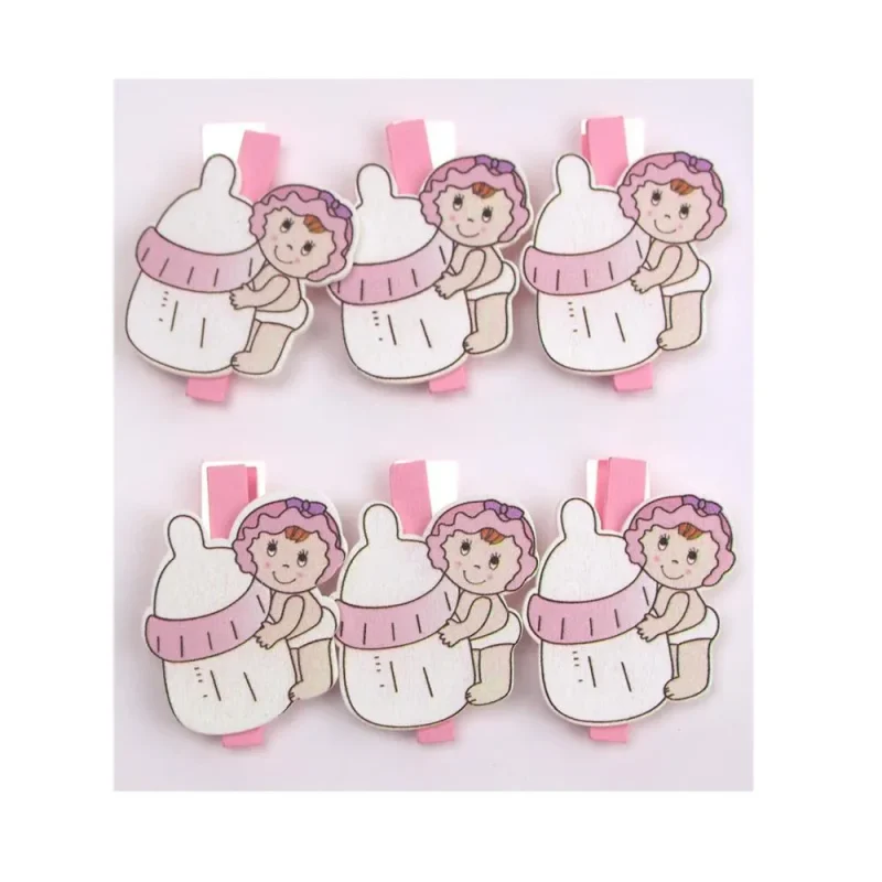 pink wooden milk bottle clothespins 2 baby favors set of 6