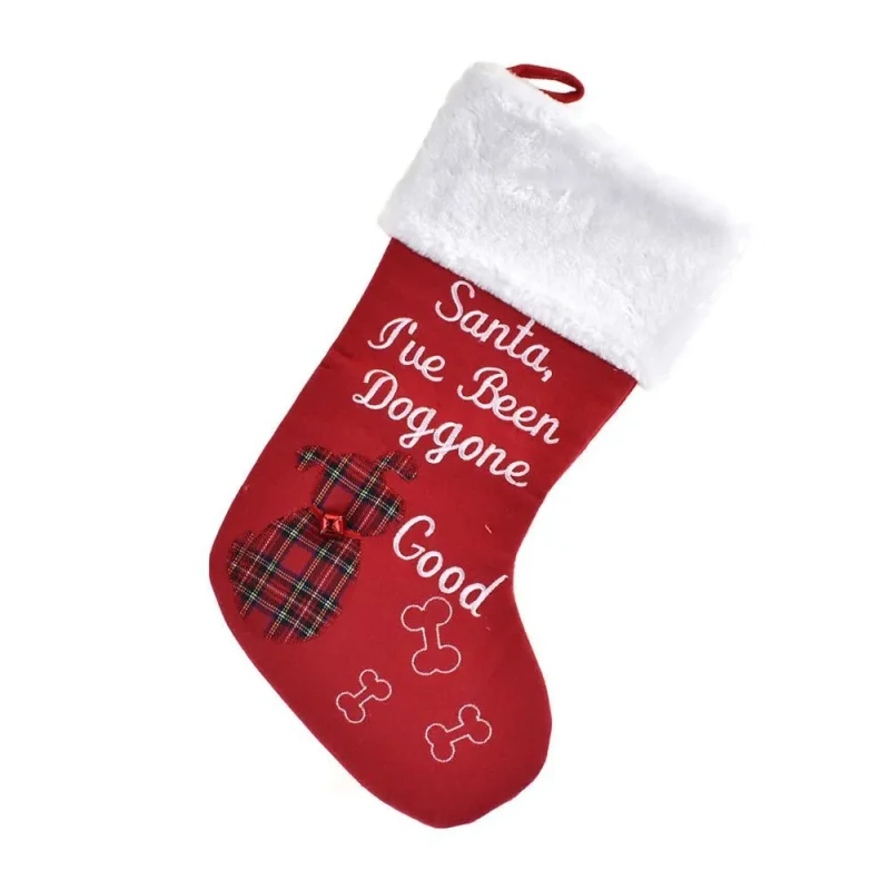 plaid red dog bell christmas stocking with faux fur cuff 17 5