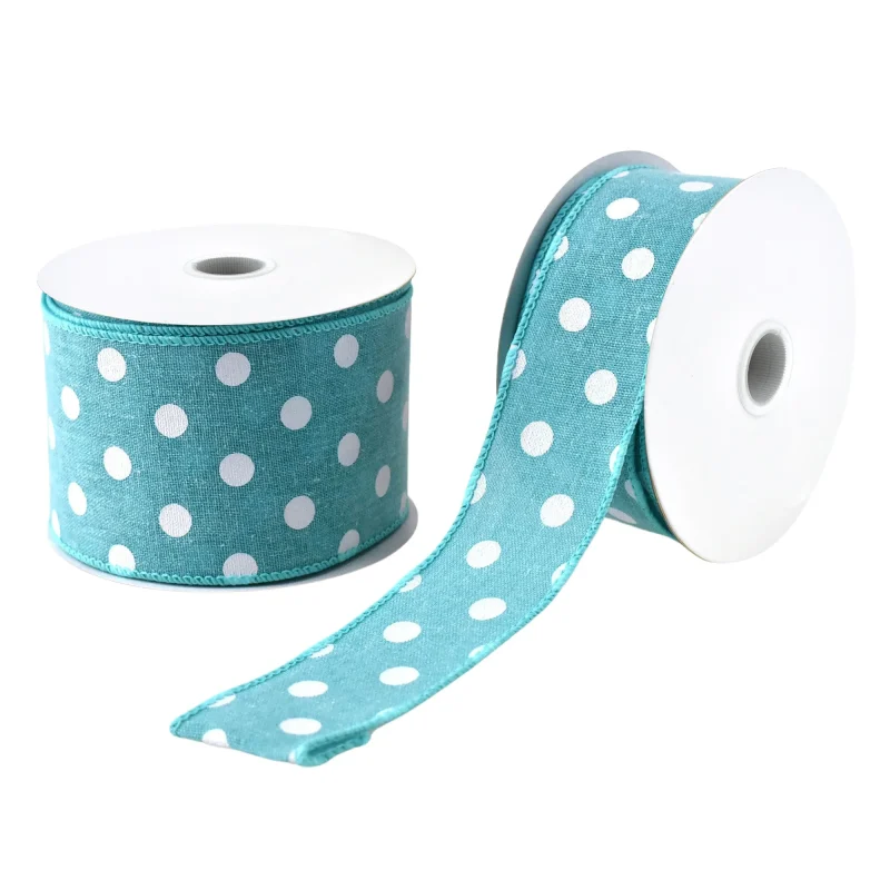 polka dot faux linen wired ribbon 10 yards