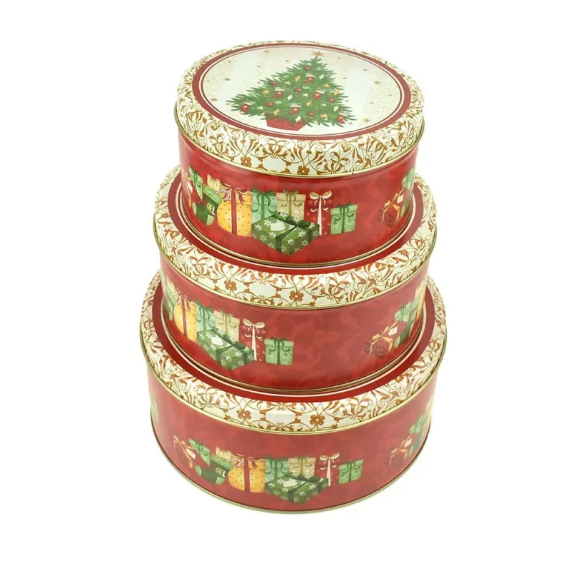 red christmas cookie tins 3 sizes tree present design