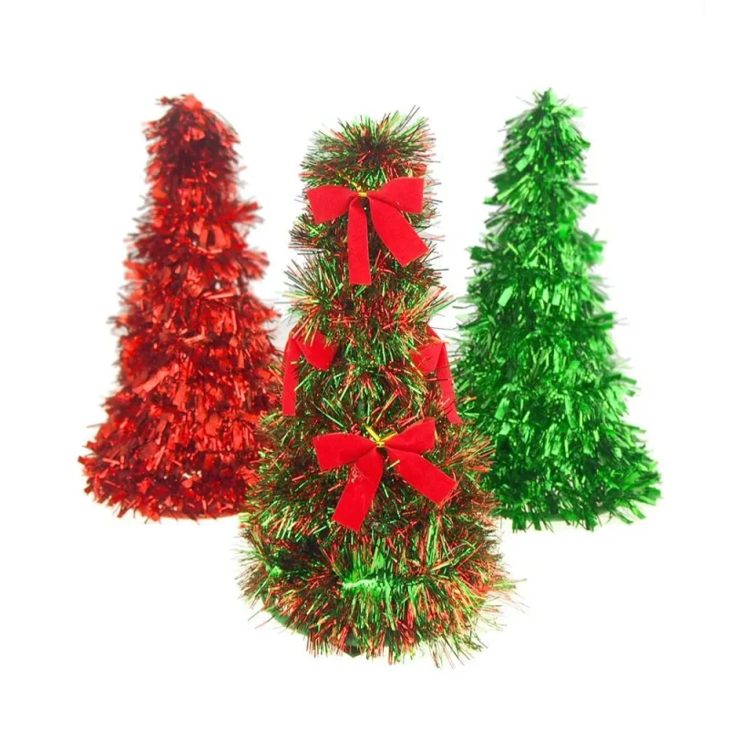 red green metallic tinsel tabletop tree 10 inch 3 piece set