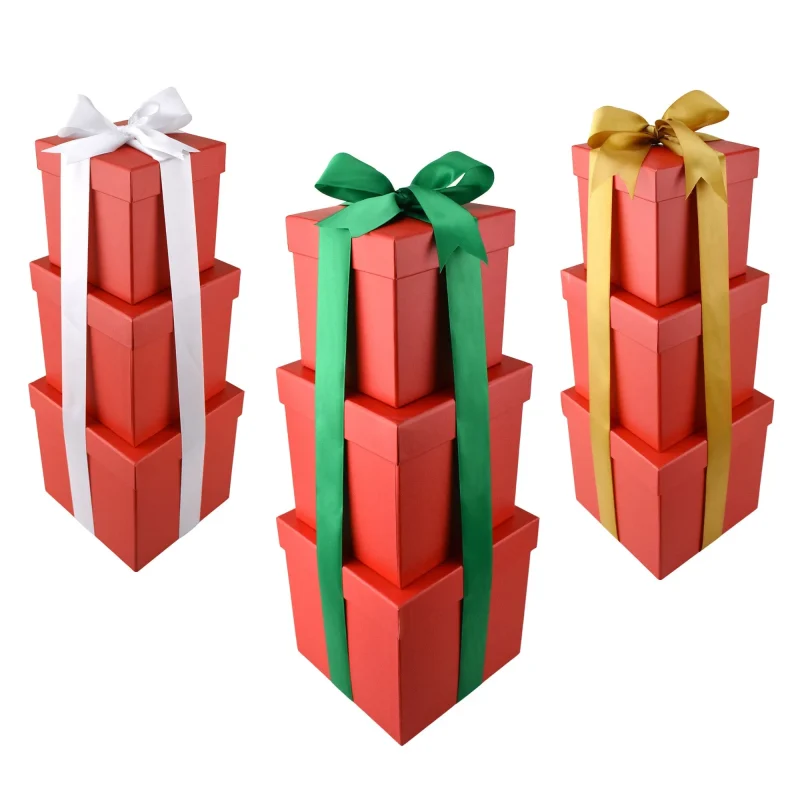 red nested square gift boxes 3 piece with 1 5 satin ribbon 5 6 7