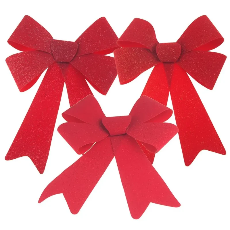 red plastic glitter bow set 14 inch 3 piece christmas decor