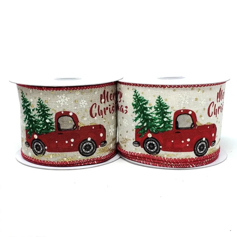 red truck christmas linen ribbon 2 5 x 10yd