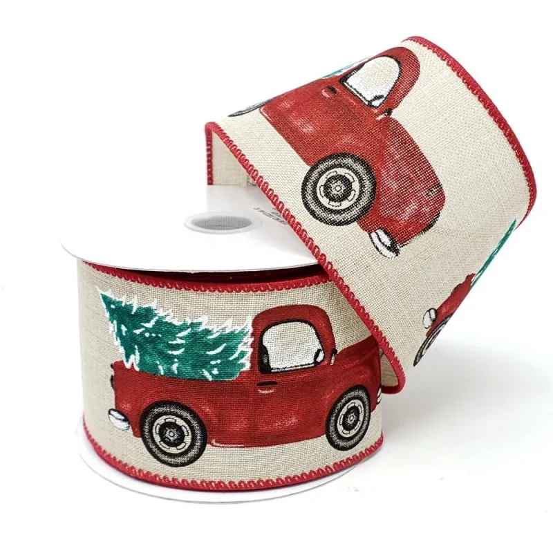 red truck with tree design linen ribbon 2 5 inch 10 yard natural