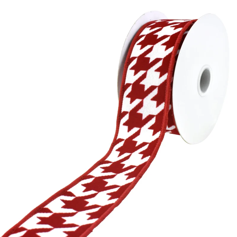 red velvet houndstooth wired ribbon 1 5 x 10 yards christmas flocked