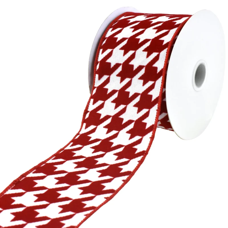 red velvet houndstooth wired ribbon 2 5 x 10 yards christmas flocked design