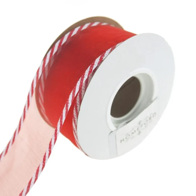 red wired organza ribbon with candy cane trim 1 5 inch 10 yards