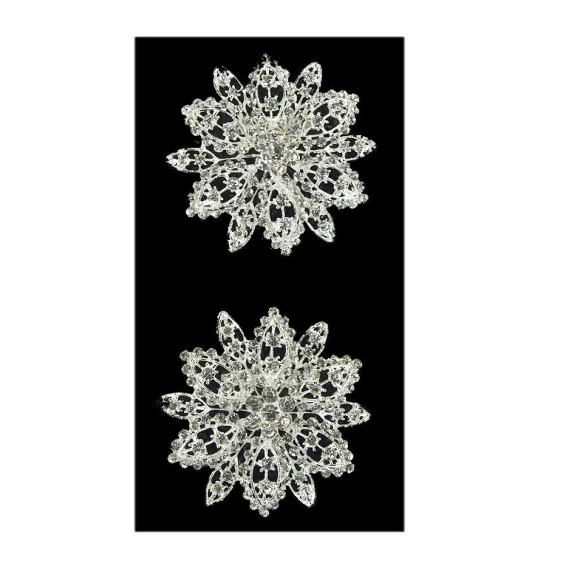 rhinestone flower brooch set silver 2 5 inch 2 pieces