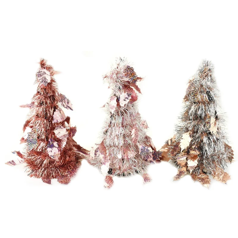 rose gold laser cut holly leaf tinsel table trees 10 inch set of 3