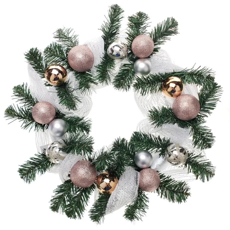 rose gold spheres mesh ribbon christmas wreath 21 green silver