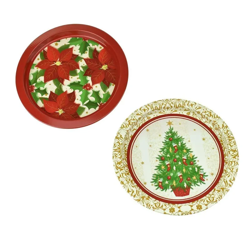 round 10 inch metal christmas tin trays 2 pack