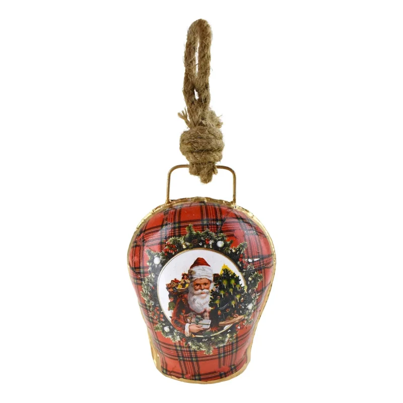 santa and presents plaid cowbell ornament 4 5