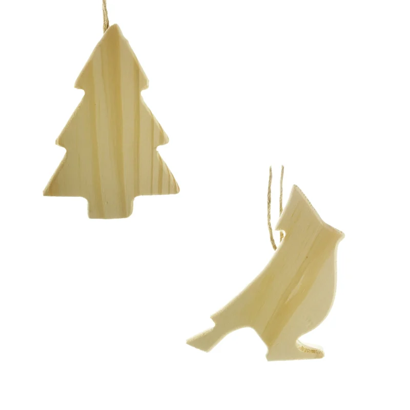 set of 2 unfinished wood tree bird ornaments assorted sizes