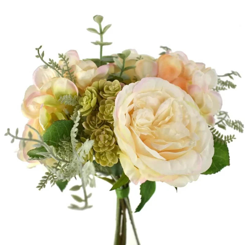 silk rose hydrangea bouquet w succulents peach cream 11