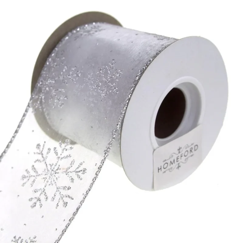 silver glitter snowflake organza ribbon 2 5 x 10yds