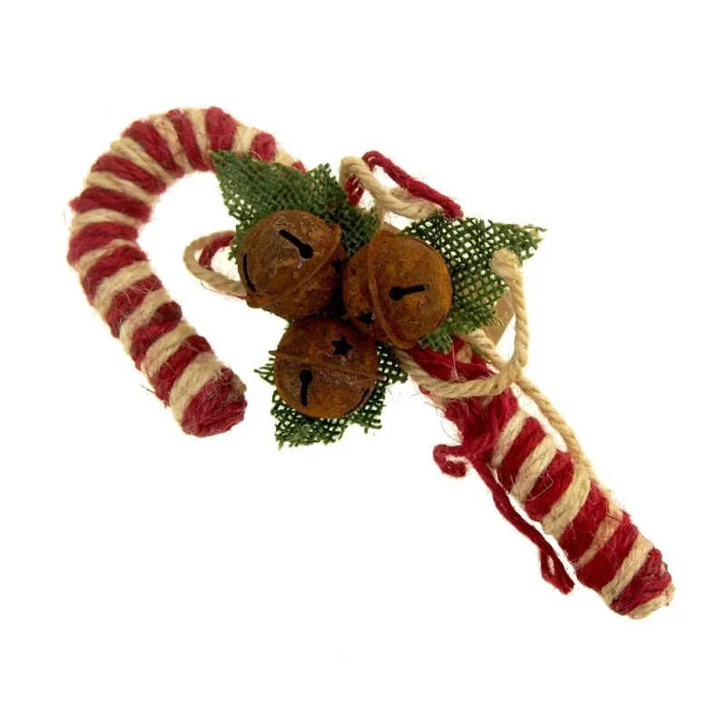 small jute candy cane with jingle bells 7 5 rustic christmas decor