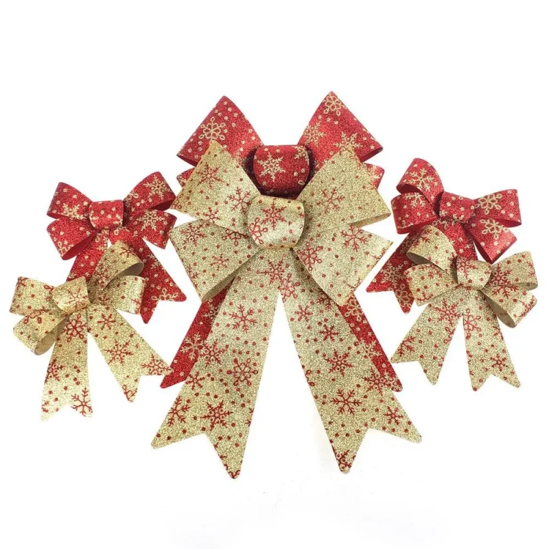 snowflake glitter christmas bows red gold 6 piece set