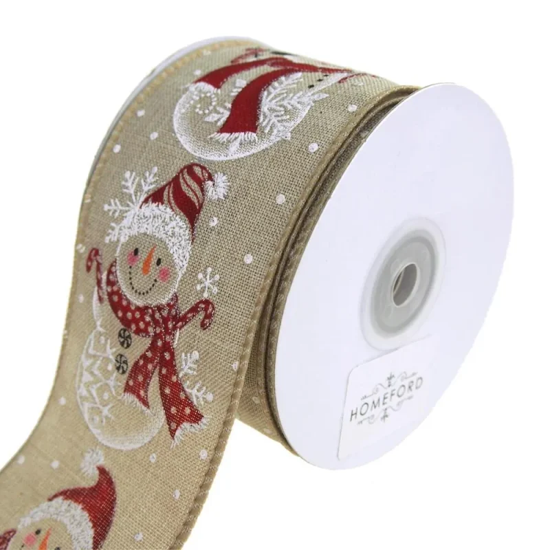 snowman row linen christmas ribbon natural 2 5 x 10 yd