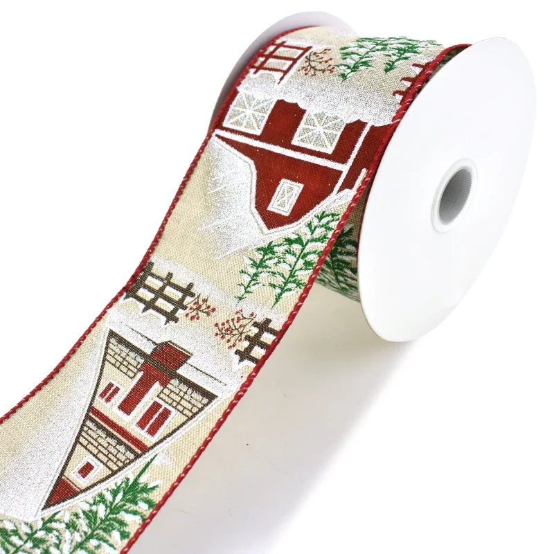 snowy barn scene christmas wired ribbon 2 5 x 10yd