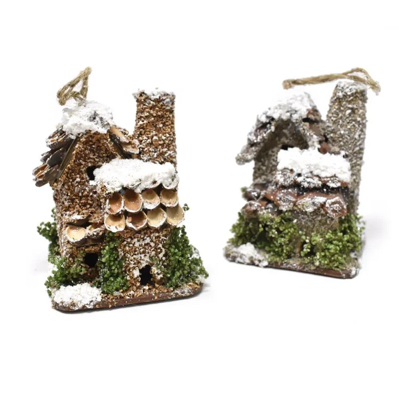 snowy birdhouse with chimney ornament set 2 piece