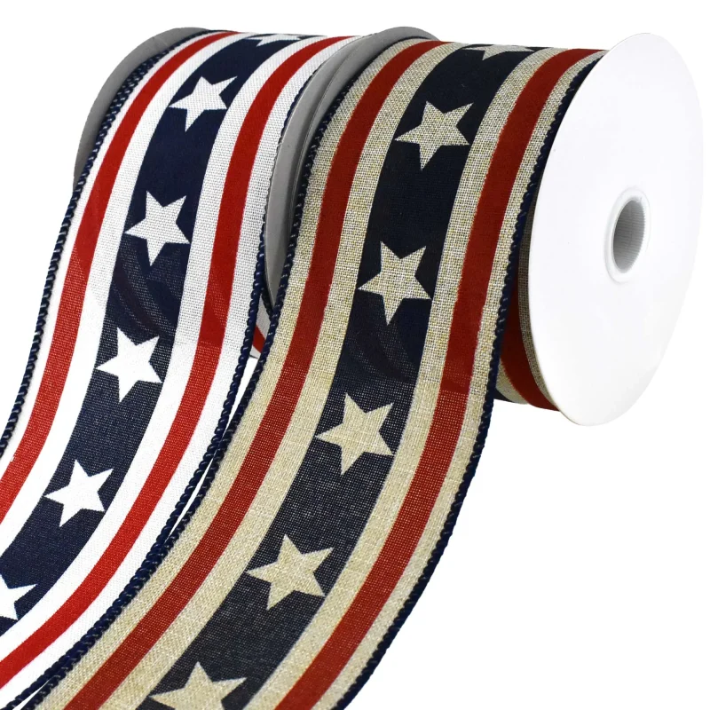 stars stripes faux linen wired ribbon 2 5 x 10yd