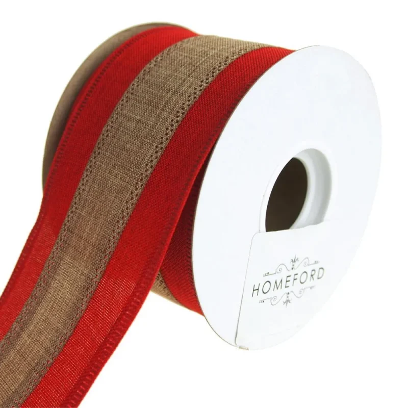 striped red faux linen wired ribbon 2 5 inch x 10 yards