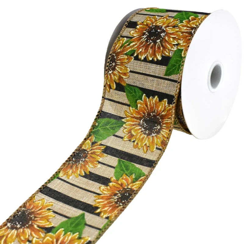 sunflowers stripes faux linen wired ribbon 2 5 x 10 yards