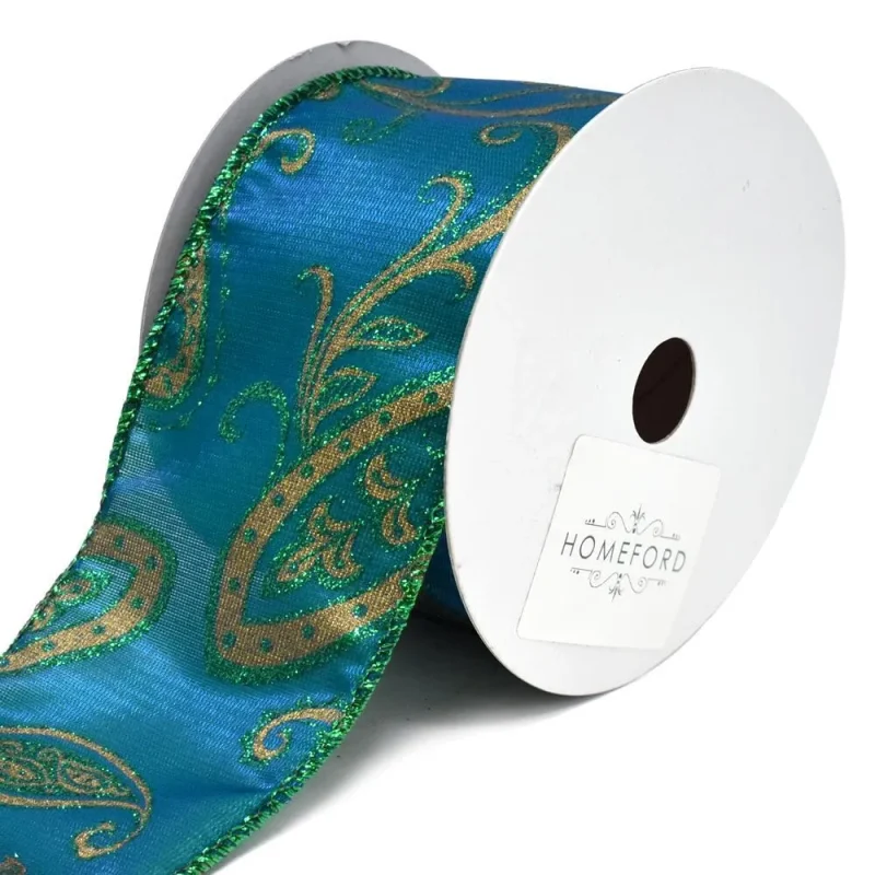 teal iridescent satin paisley christmas ribbon 2 5 x 10yd