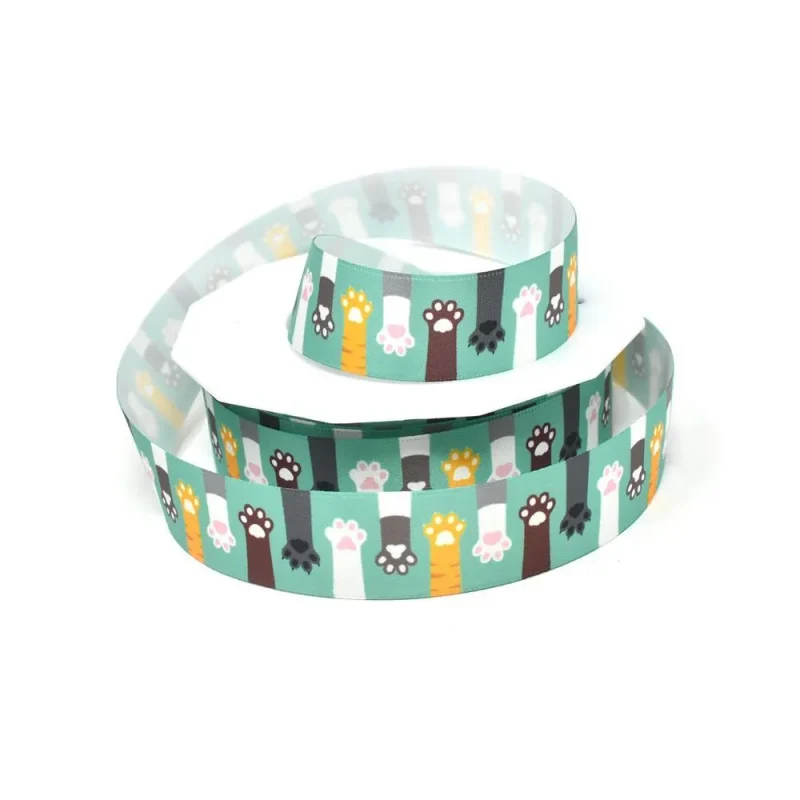 teal satin ribbon for pets 7 8 inch 20 yard cat paw design