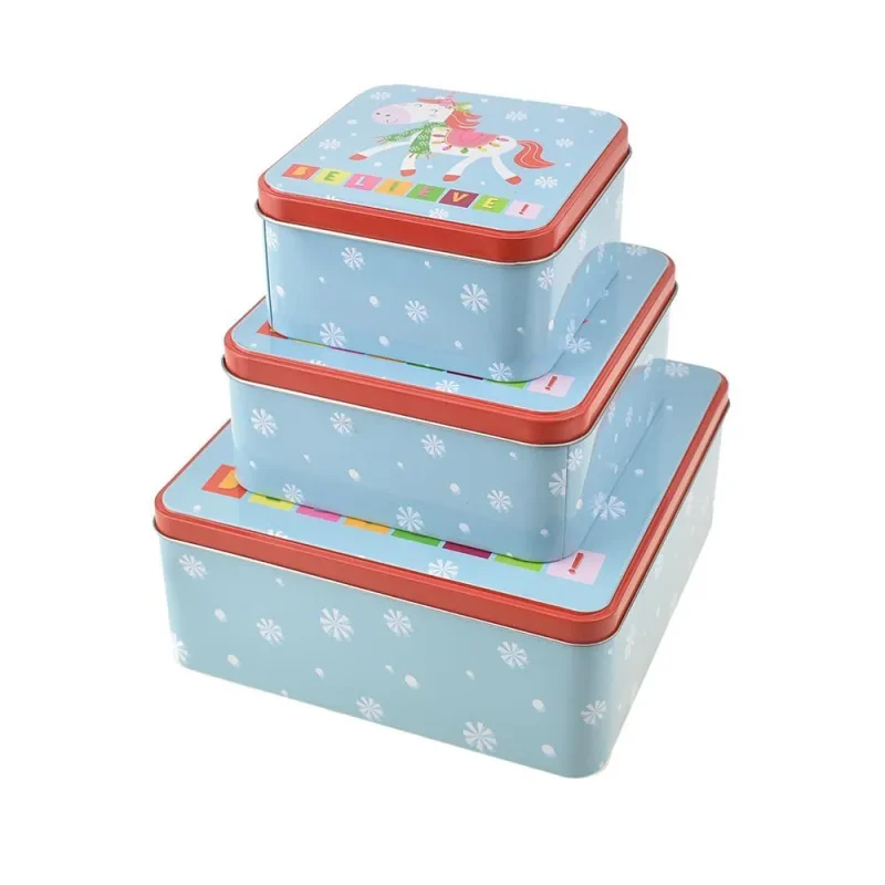 unicorn christmas cookie tins 3 piece square tiered set