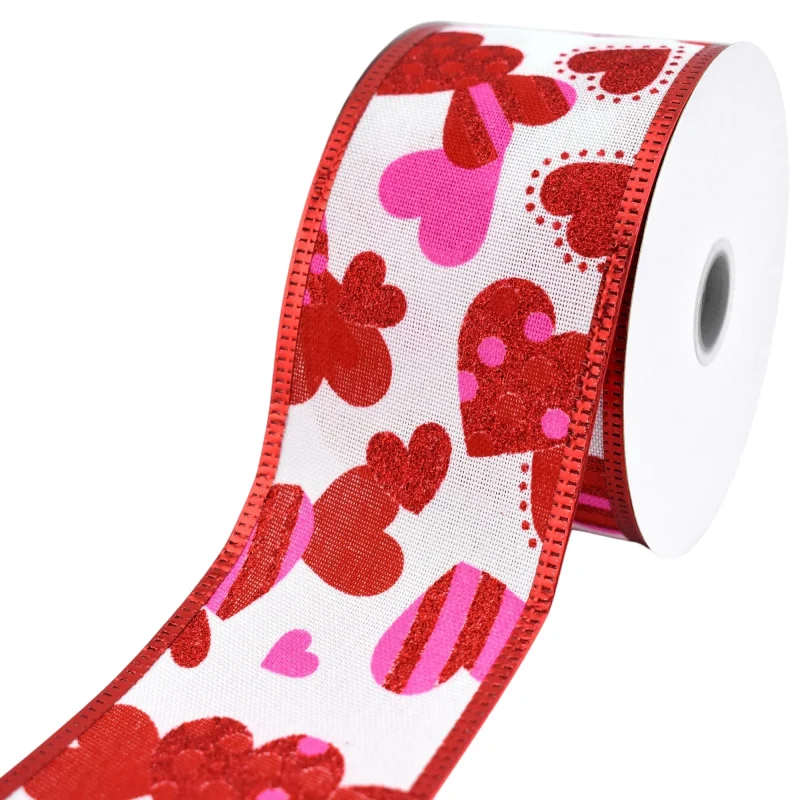 valentine s wired faux linen ribbon hearts stripes 2 5 x 10 yards