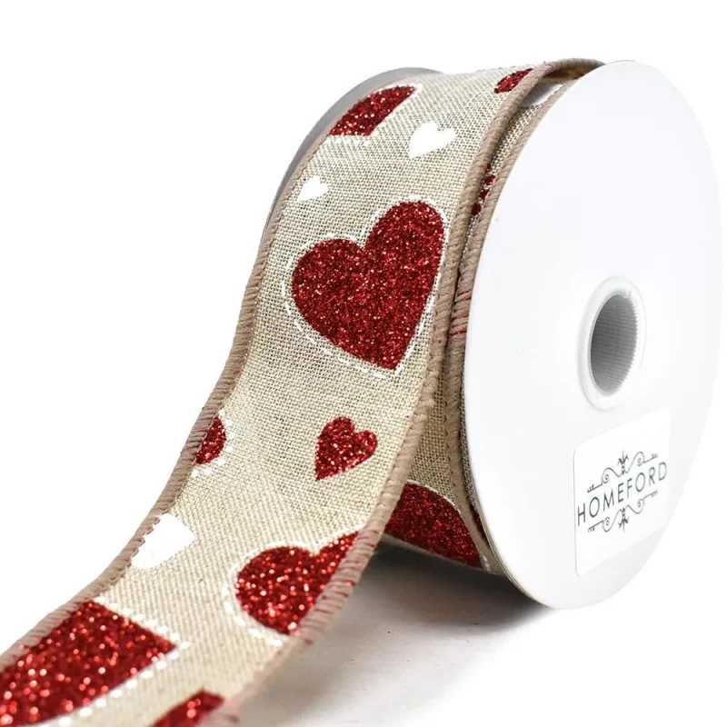 valentines glitter hearts wired ribbon 1 5 inch x 10 yards