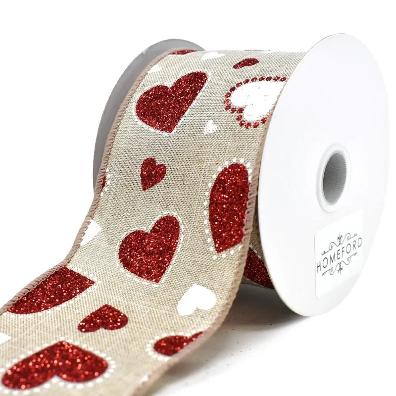 valentines glitter hearts wired ribbon 2 5 inch x 10 yards