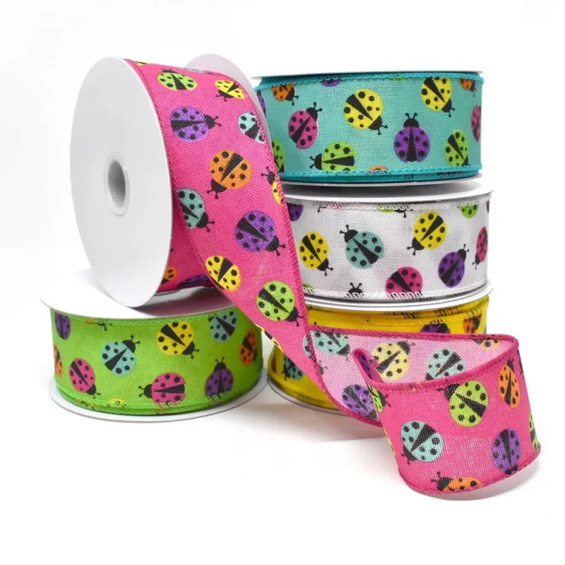 vibrant wired linen ribbon with ladybug design 1 5 x 10yd