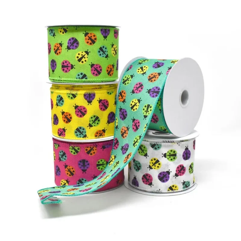 vibrant wired linen ribbon with ladybug design 2 5 x 10yd