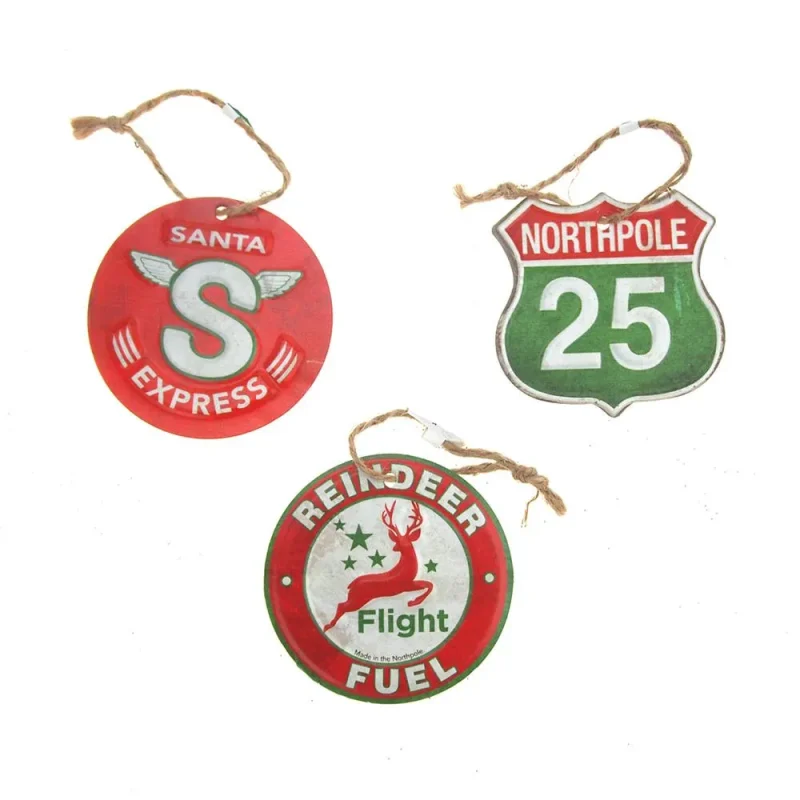 vintage metal road signs christmas tree ornaments red green 3 piece 3 25 inch