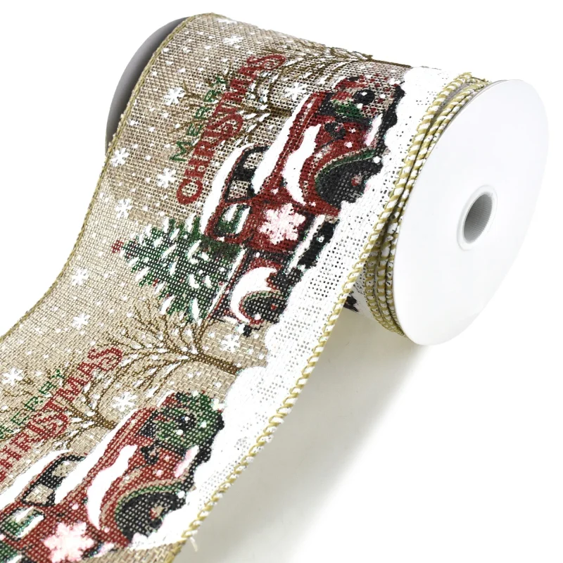 vintage snowy trees trucks wired ribbon 4 75 x 10 yards