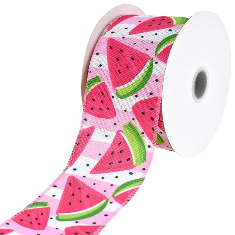 watermelon slice faux linen wired ribbon 2 5 x 10 yards