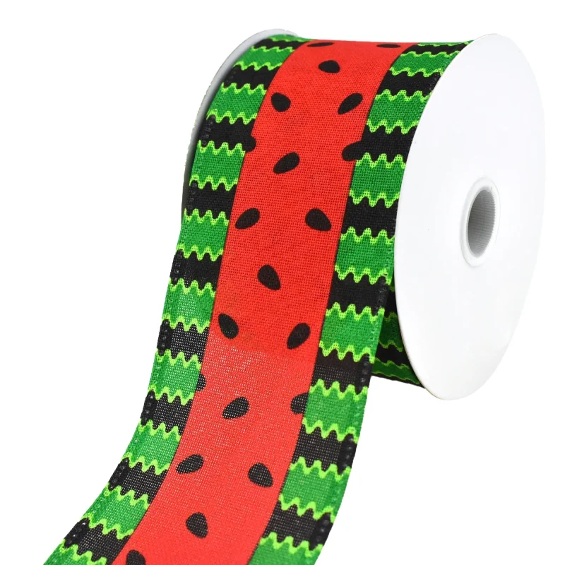 watermelon stripe faux linen wired ribbon 2 5 x 10yd