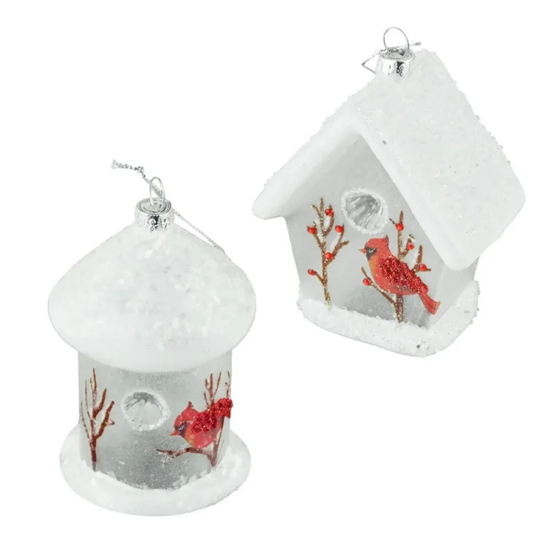 white birdhouse glass ornaments 4 inch set of 2 assorted styles