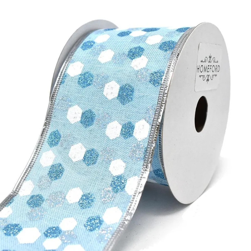 white blue hexagon linen wired ribbon 2 5 x 10 yards