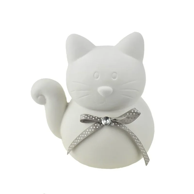 white ceramic cat coin bank with bow tie 7 5