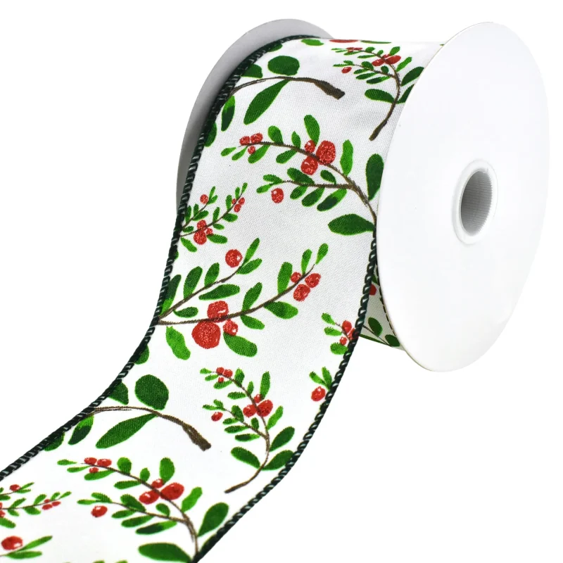 white glitter berry wired ribbon 2 5 x 10 yards holly branches