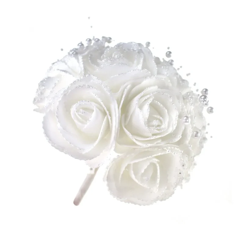 white glitter foam rose bouquet with pearl spray 9 inch