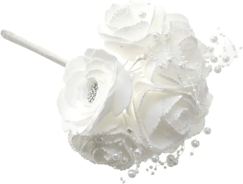 white glitter foam rose bouquet with pearl spray rhinestones 9 inch